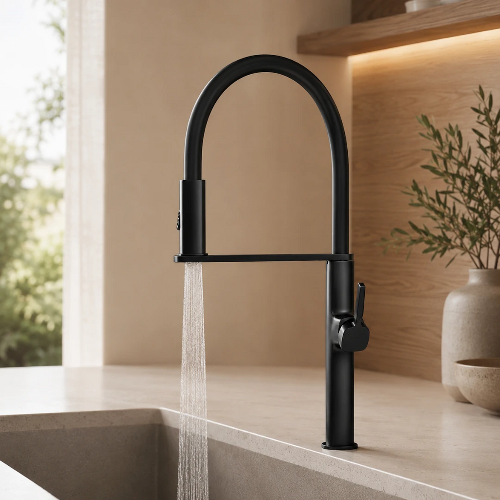 Robinet évier cuisine flexible noir douchette magnétique - Noir - Laiton