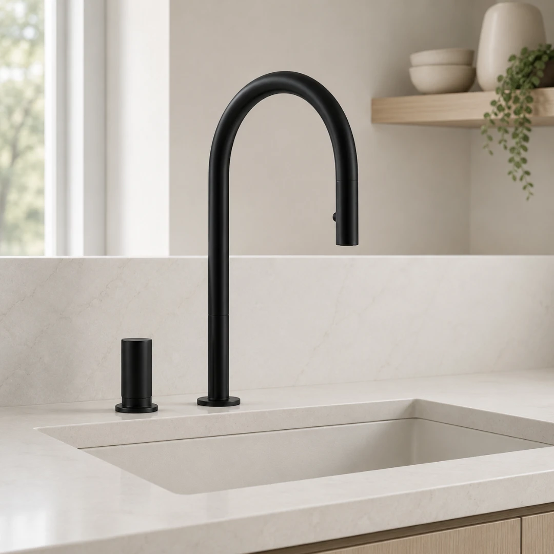 Robinet évier cuisine minimaliste flexible mitigeur déporté - Noir - Laiton
