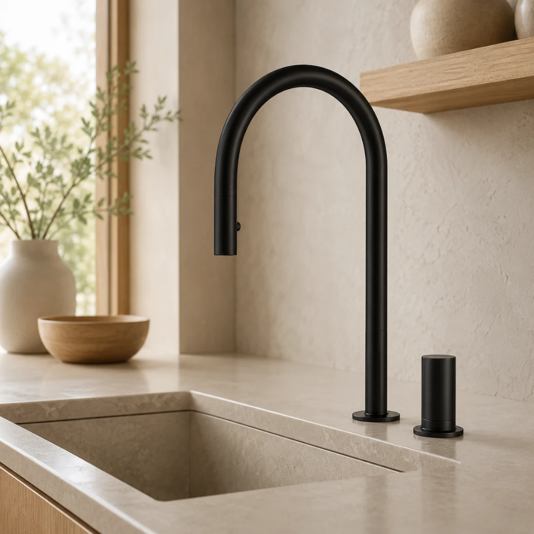 Robinet évier cuisine minimaliste flexible mitigeur déporté - Noir - Laiton