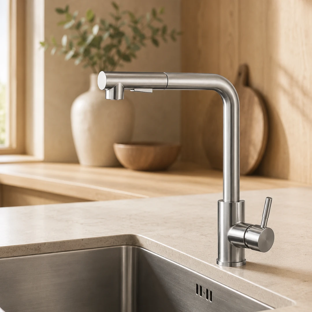 Robinet évier cuisine minimaliste flexible rétractable douchette - Argenté