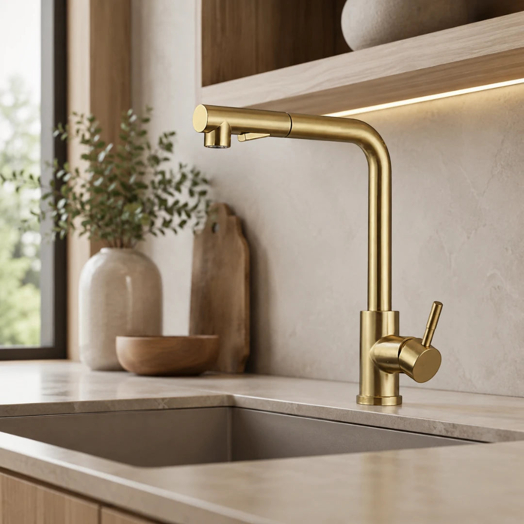 Robinet évier cuisine minimaliste flexible rétractable douchette - Doré