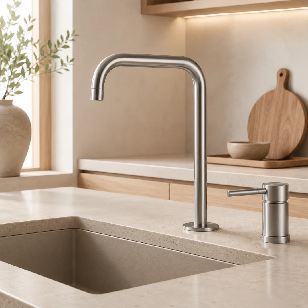 Robinet évier cuisine minimaliste mitigeur déporté à poignée - Argenté - Laiton