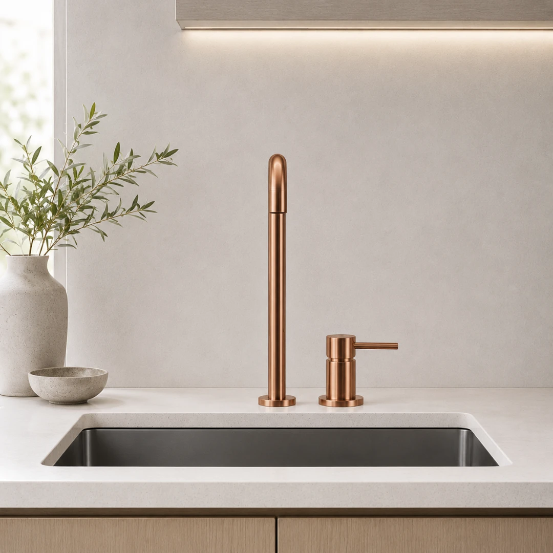 Robinet évier cuisine minimaliste mitigeur déporté à poignée - Doré - Laiton