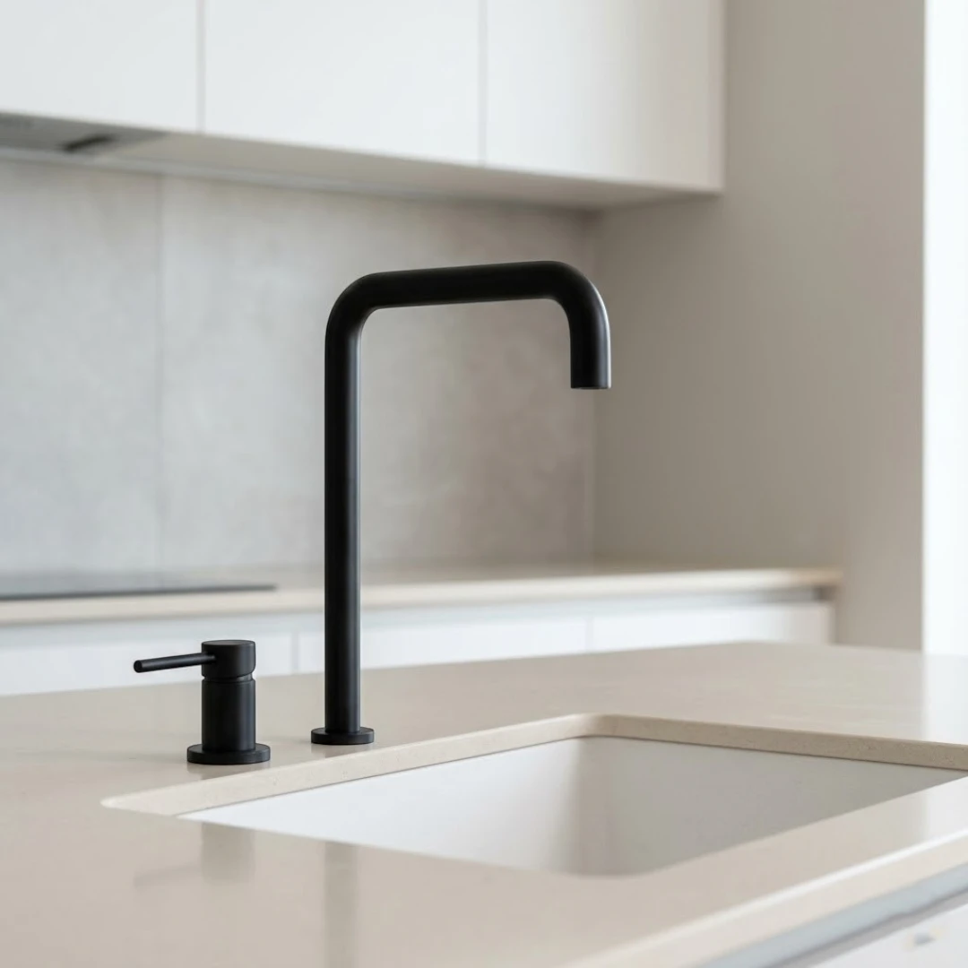 Robinet évier cuisine minimaliste mitigeur déporté à poignée - Noir - Laiton