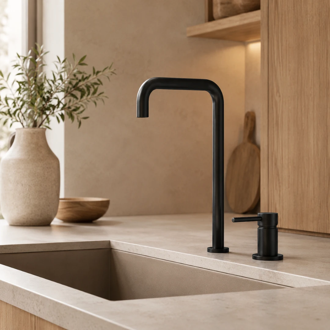 Robinet évier cuisine minimaliste mitigeur déporté à poignée - Noir - Laiton