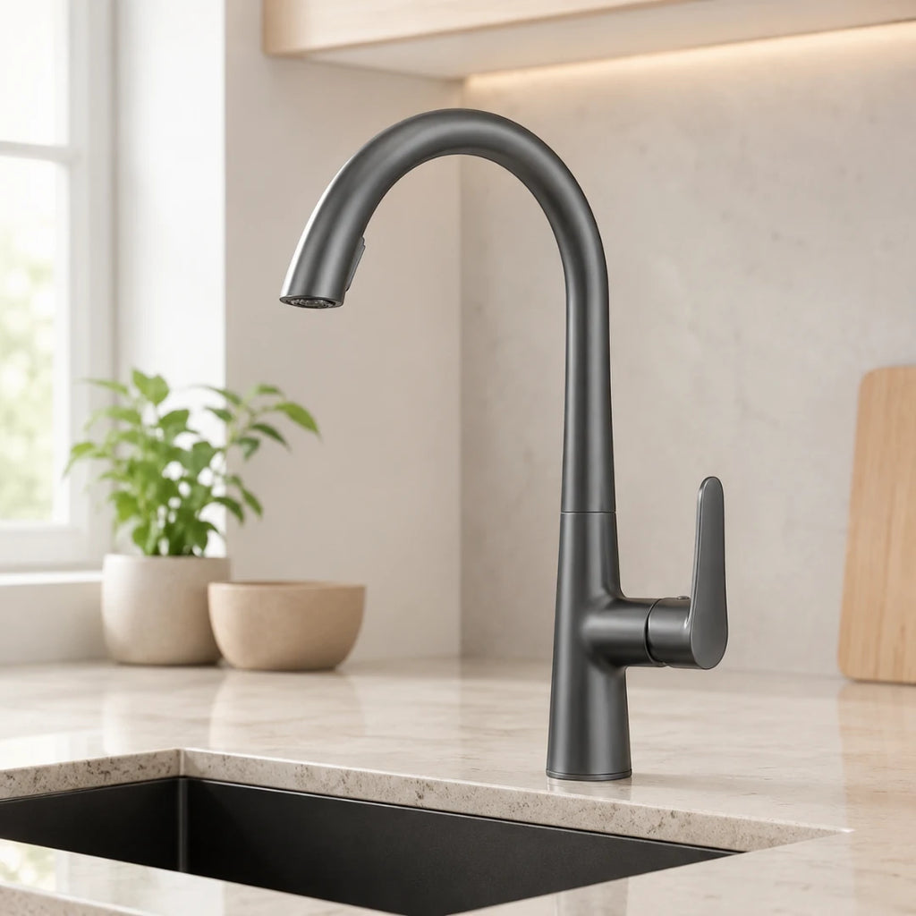 Robinet évier cuisine mitigeur design arrondi flexible douchette - Argenté