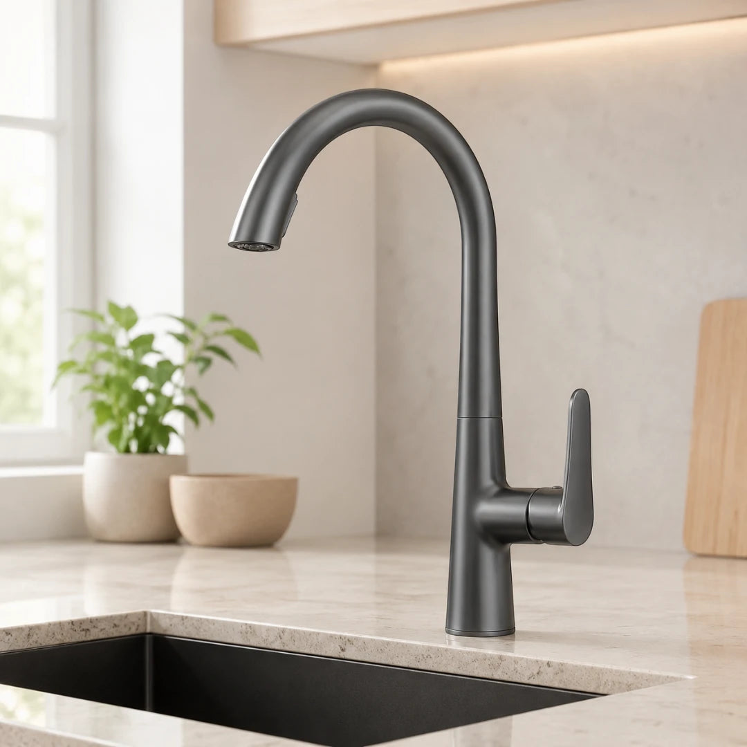 Robinet évier cuisine mitigeur design arrondi flexible douchette - Argenté