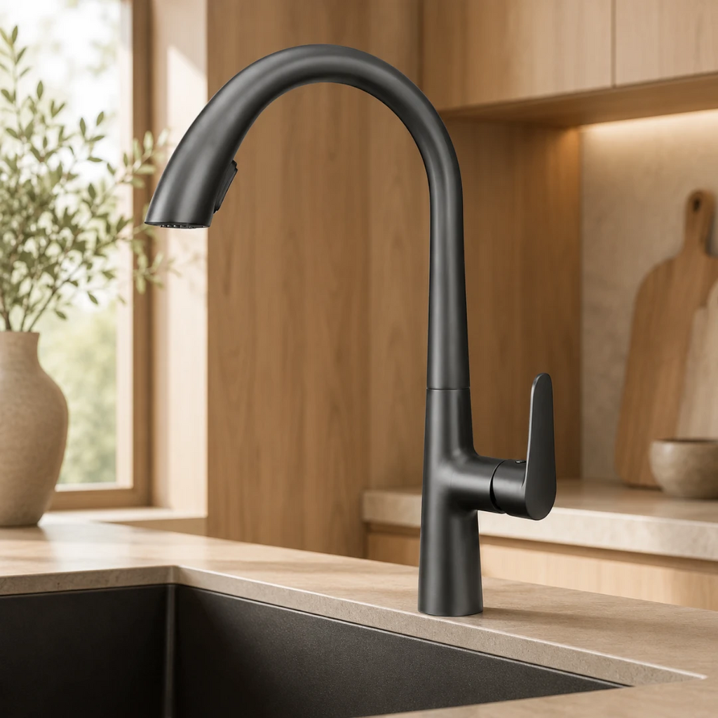 Robinet évier cuisine mitigeur design arrondi flexible douchette - Argenté