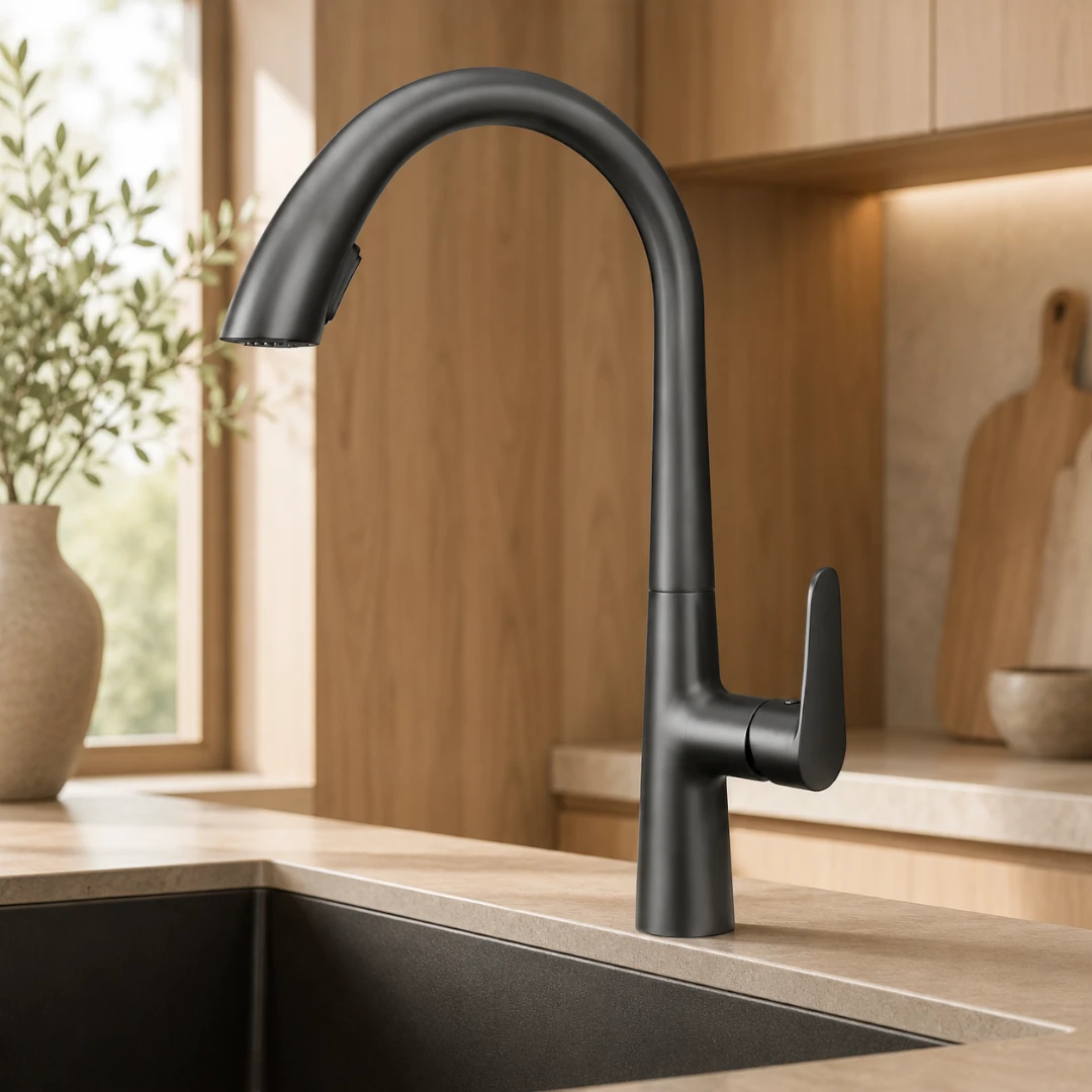 Robinet évier cuisine mitigeur design arrondi flexible douchette - Argenté