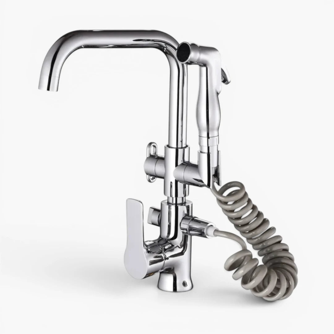 Robinet évier cuisine mitigeur douchette flexible - Argenté - Laiton