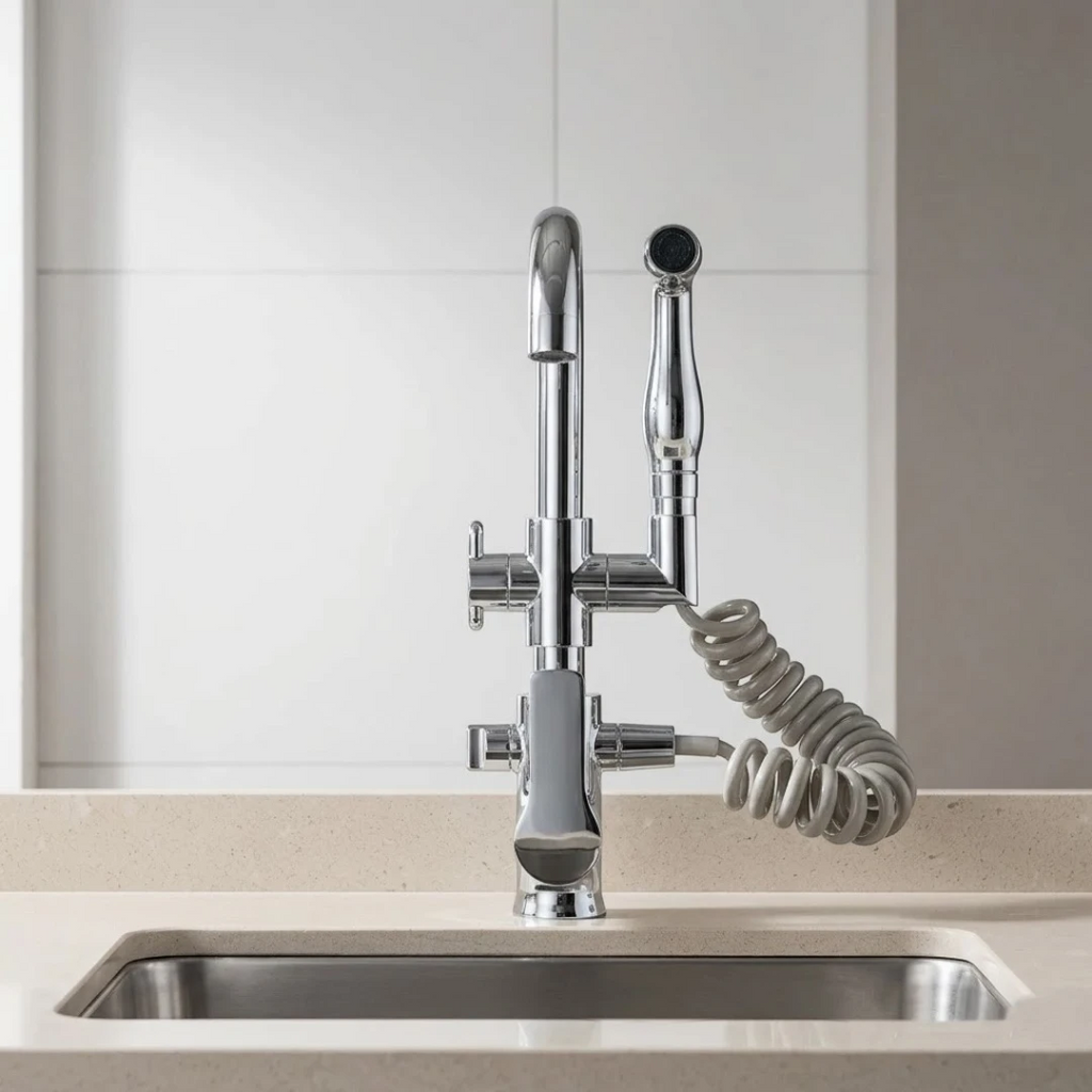 Robinet évier cuisine mitigeur douchette flexible - Argenté - Laiton