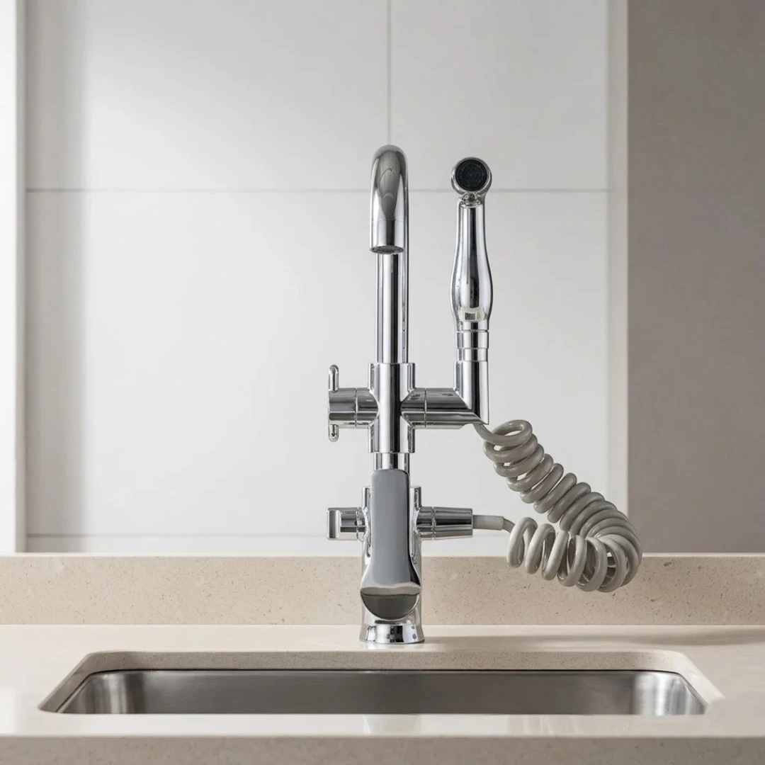 Robinet évier cuisine mitigeur douchette flexible - Argenté - Laiton