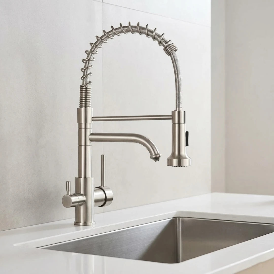 Robinet évier cuisine mitigeur douchette purificateur d'eau - Argenté - Laiton