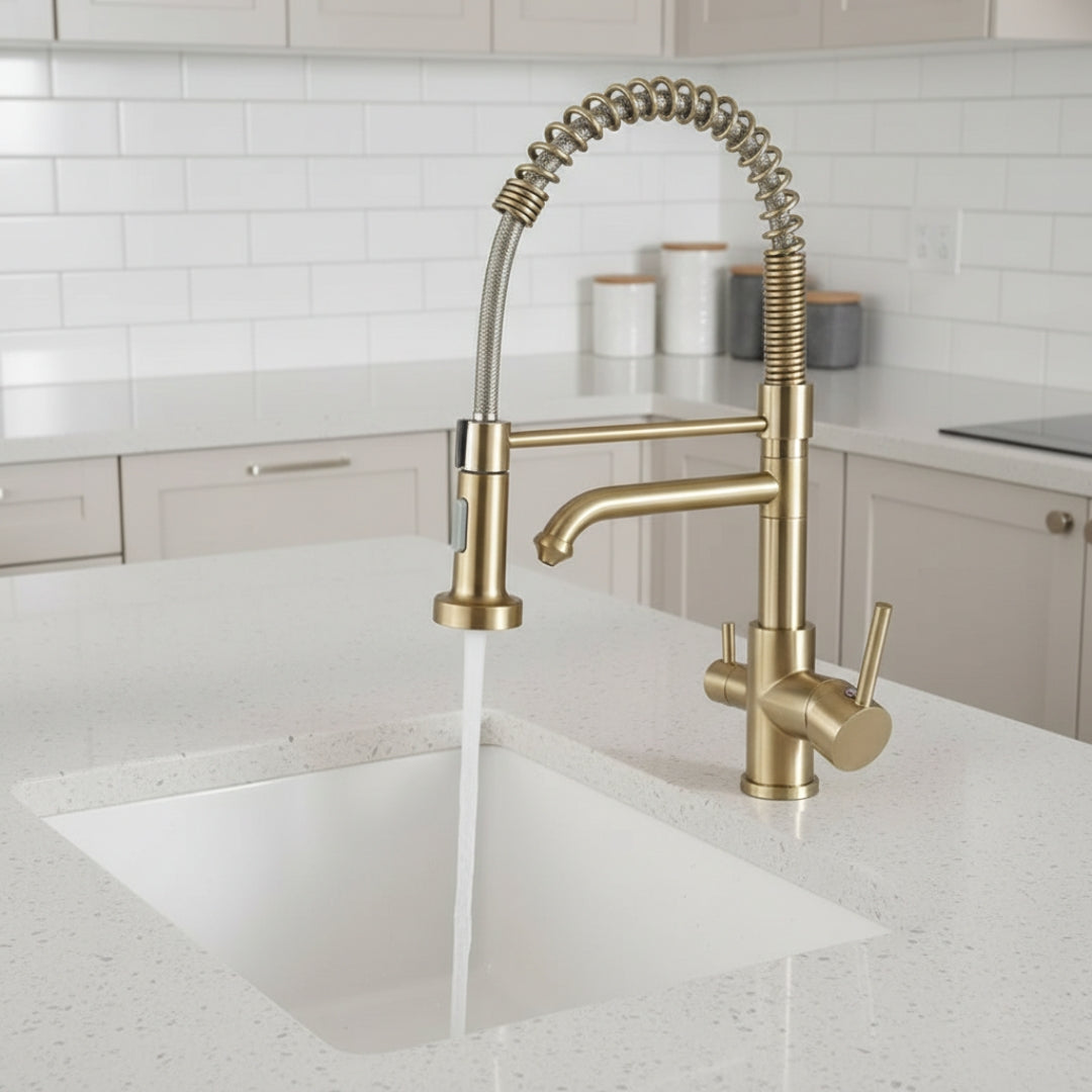 Robinet évier cuisine mitigeur douchette purificateur d'eau - Doré - Laiton