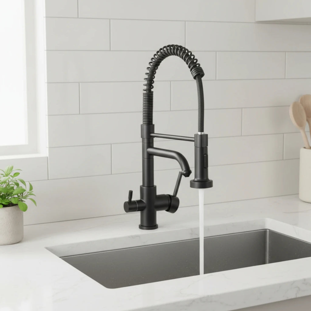 Robinet évier cuisine mitigeur douchette purificateur d'eau - Noir - Laiton