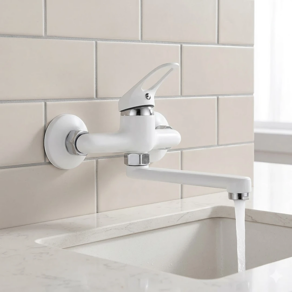 Robinet évier cuisine mitigeur encastrable mural - Blanc - Laiton