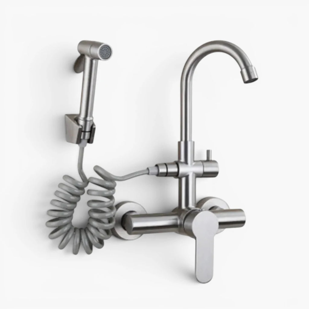 Robinet évier cuisine mural encastrable douchette pistolet flexible - Argenté