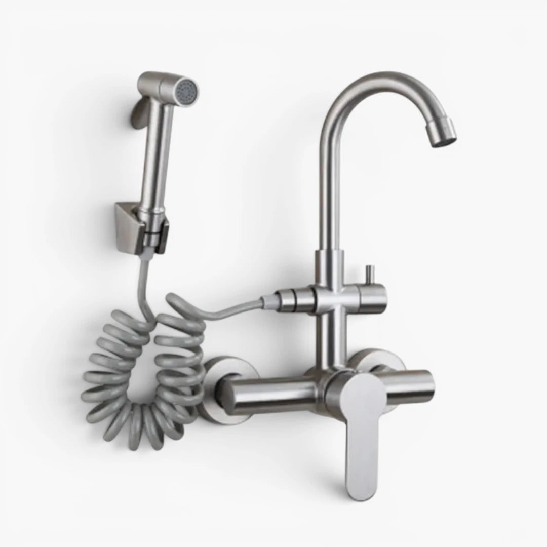 Robinet évier cuisine mural encastrable douchette pistolet flexible - Argenté