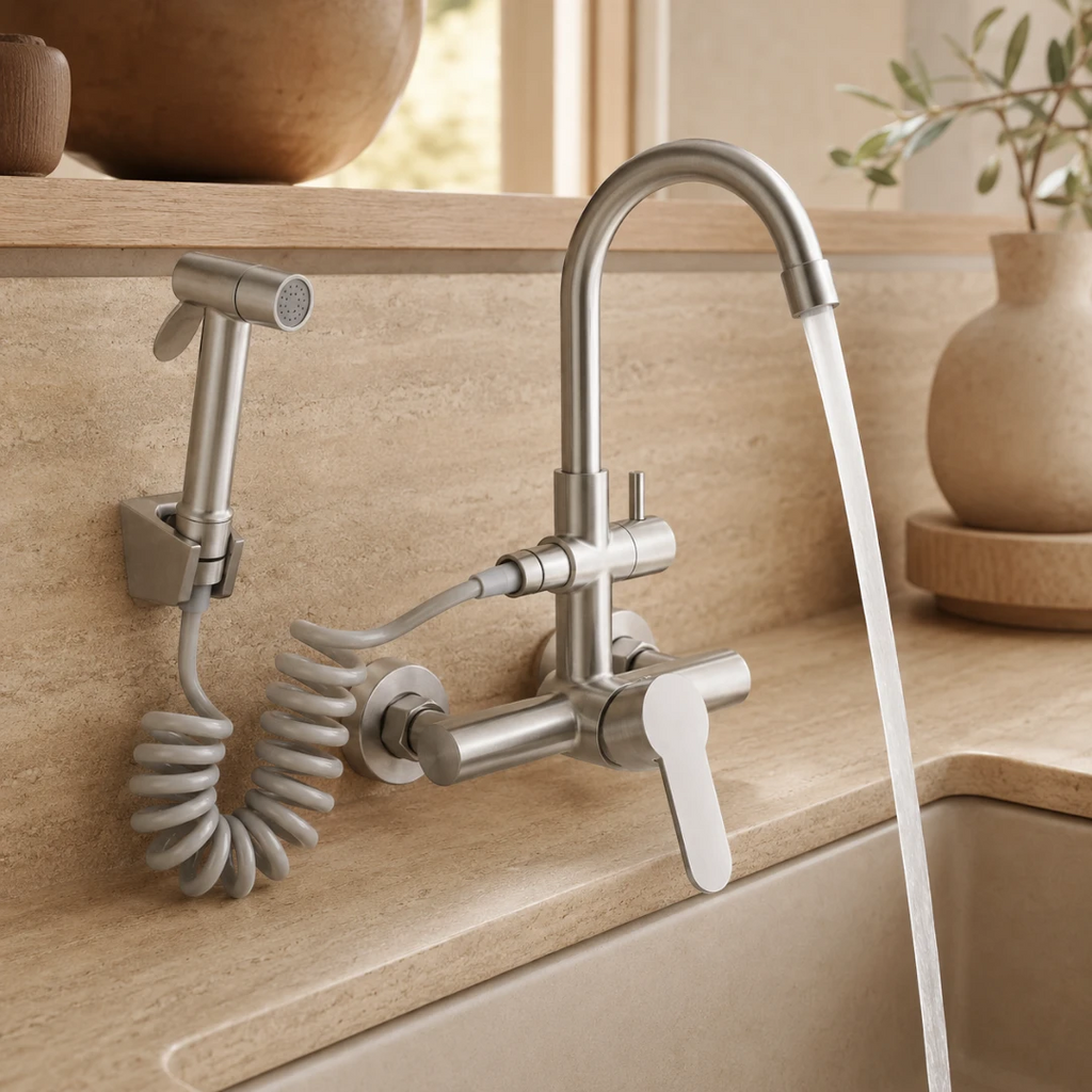 Robinet évier cuisine mural encastrable douchette pistolet flexible - Argenté