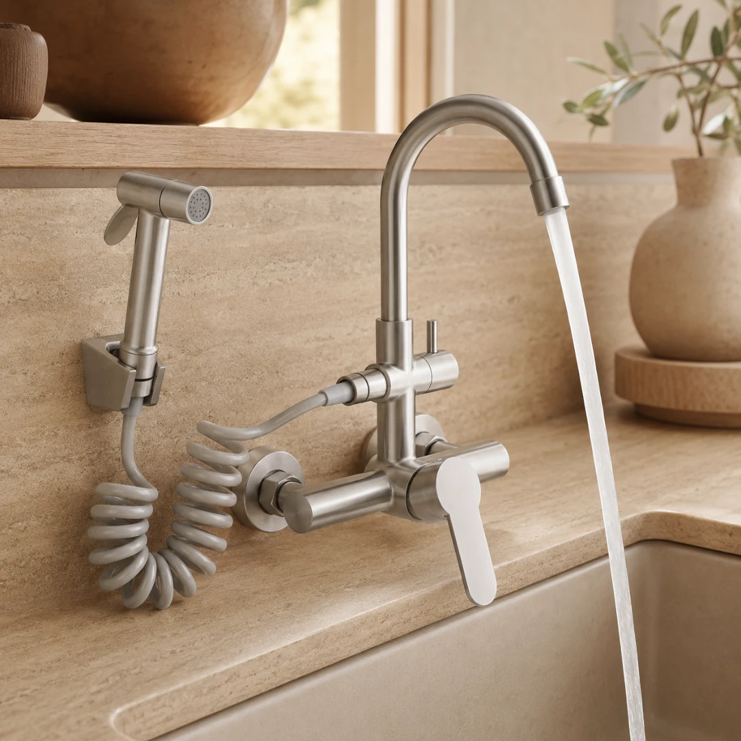 Robinet évier cuisine mural encastrable douchette pistolet flexible - Argenté
