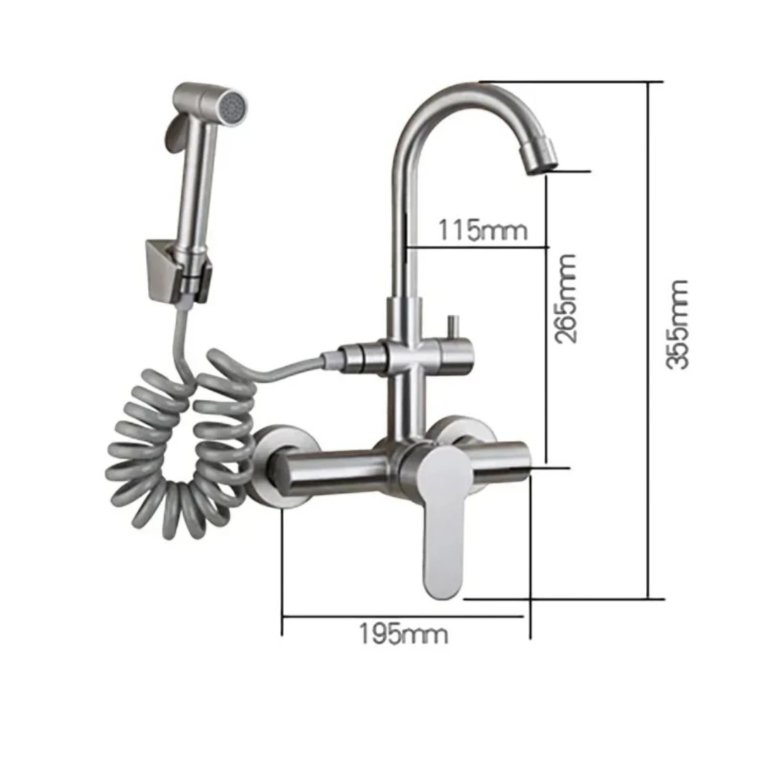 Robinet évier cuisine mural encastrable douchette pistolet flexible - Argenté
