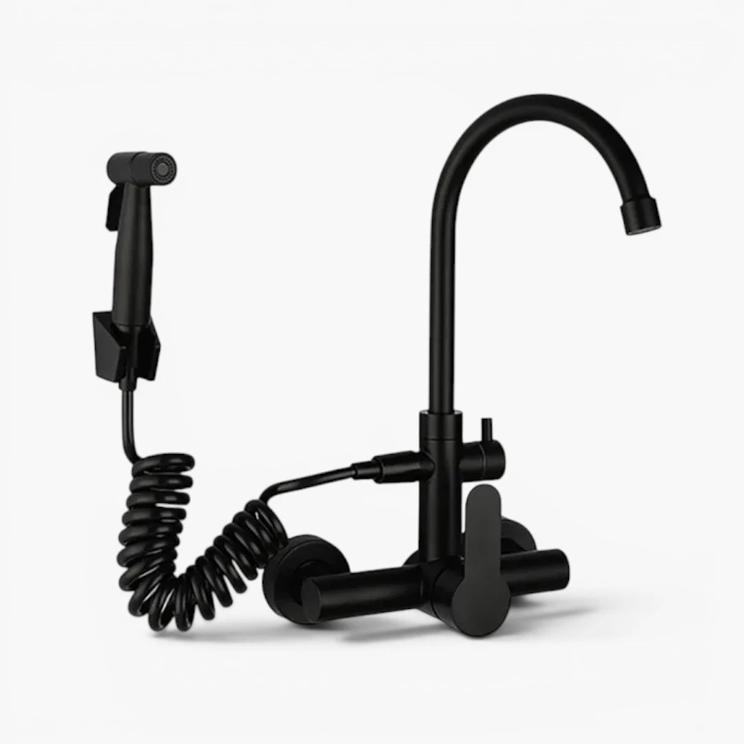 Robinet évier cuisine mural encastrable douchette pistolet flexible - Noir