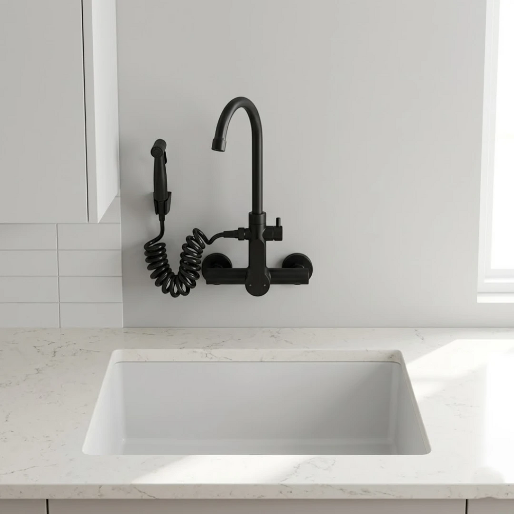 Robinet évier cuisine mural encastrable douchette pistolet flexible - Noir