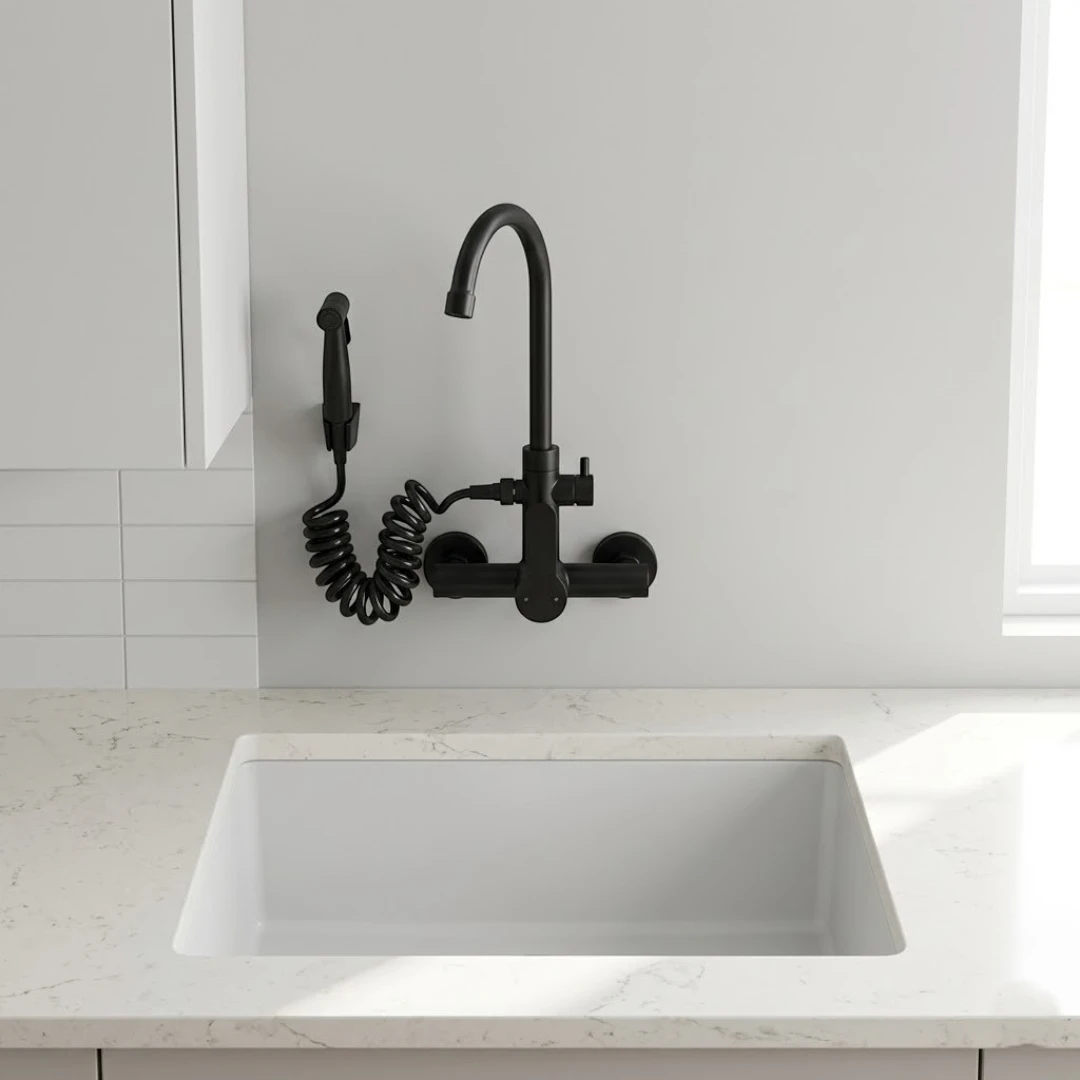 Robinet évier cuisine mural encastrable douchette pistolet flexible - Noir