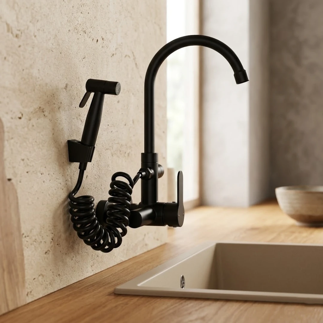 Robinet évier cuisine mural encastrable douchette pistolet flexible - Noir