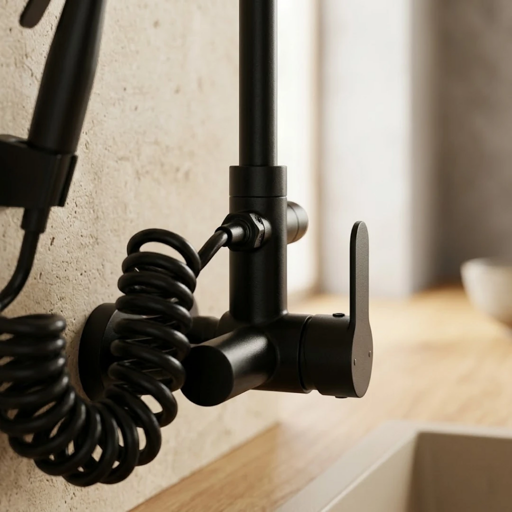 Robinet évier cuisine mural encastrable douchette pistolet flexible - Noir