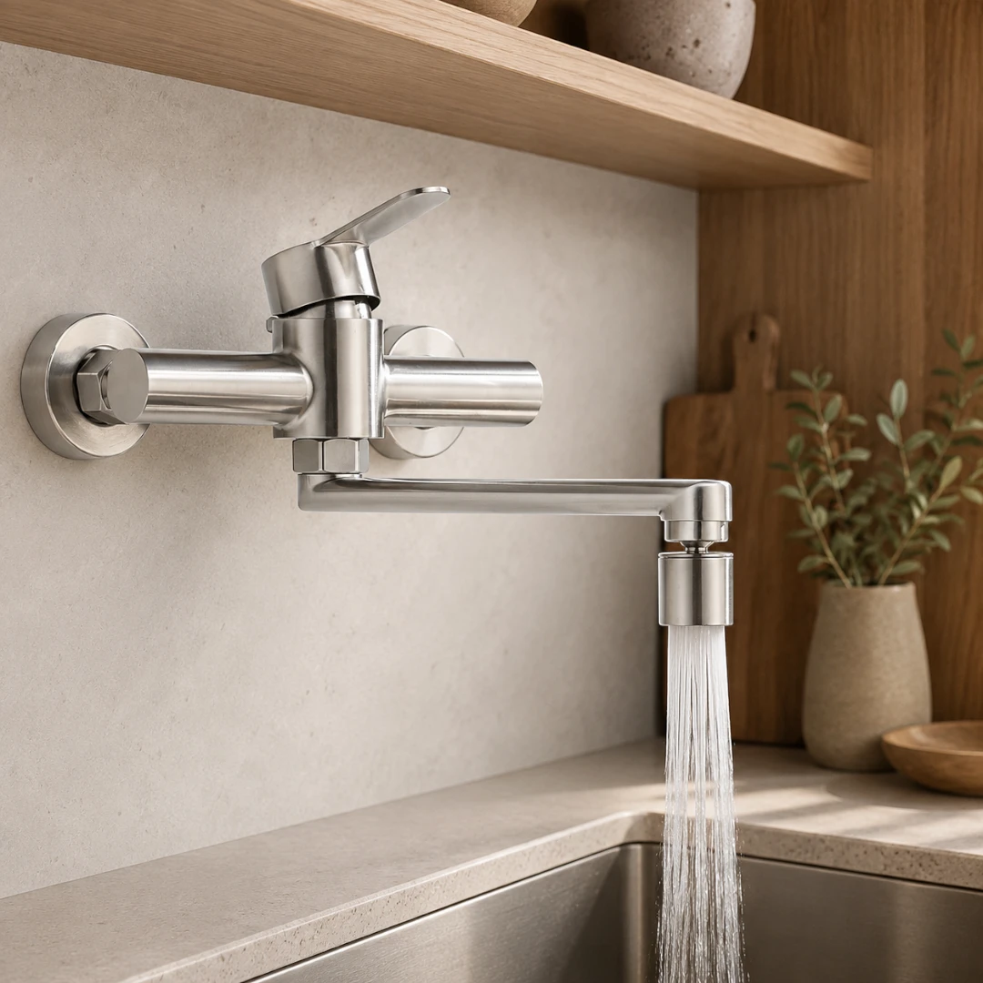 Robinet évier cuisine mural encastrable pivotant multijet  - Argenté