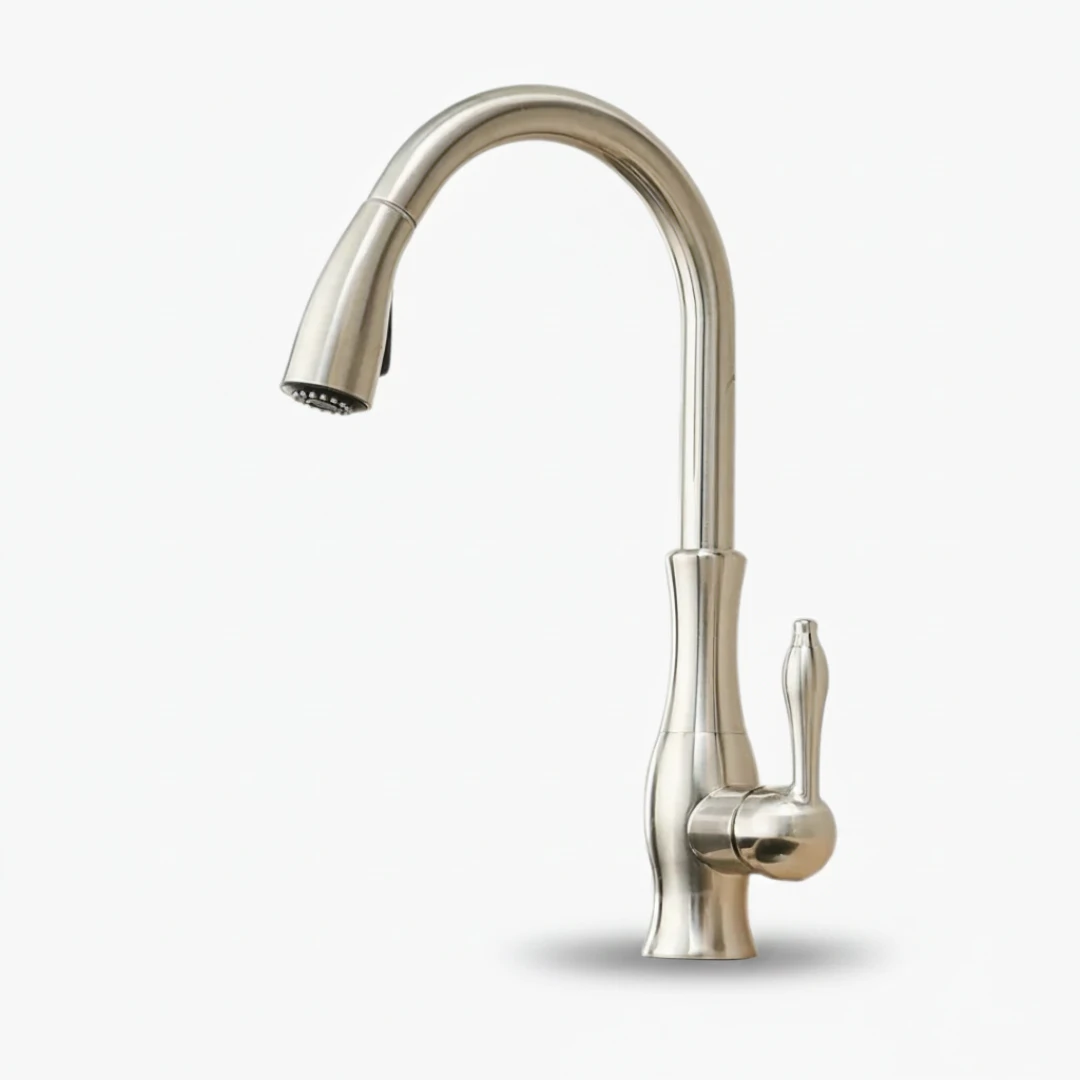 Robinet évier cuisine rétro arrondi flexible douchette - Argenté - Laiton