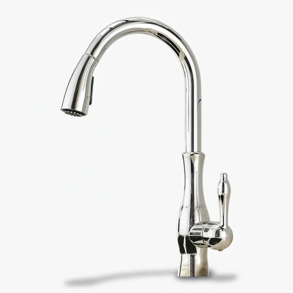 Robinet évier cuisine rétro arrondi flexible douchette - Argenté - Laiton