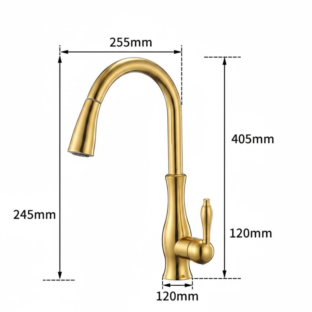 Robinet évier cuisine rétro arrondi flexible douchette - Doré - Laiton