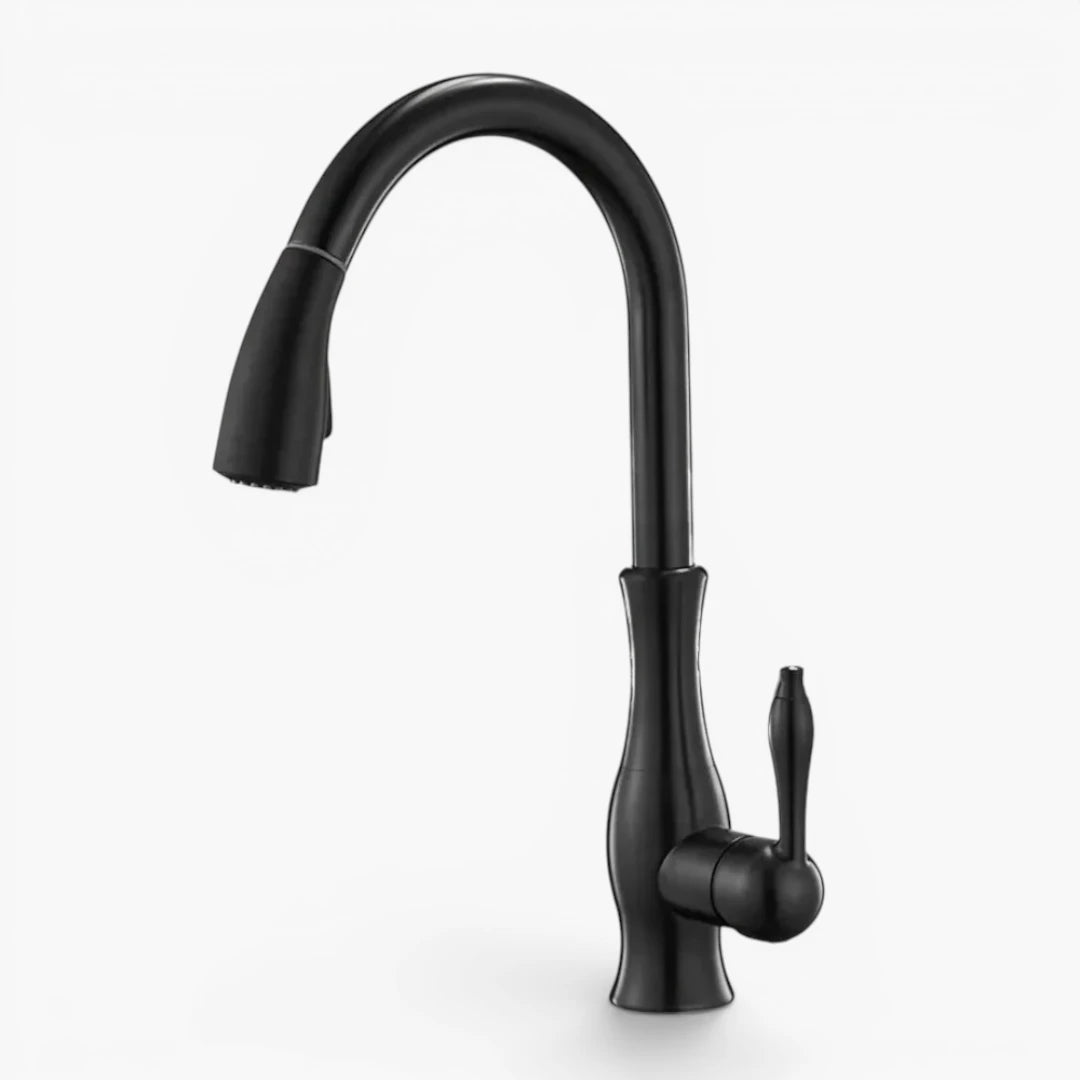 Robinet évier cuisine rétro arrondi flexible douchette - Noir - Laiton