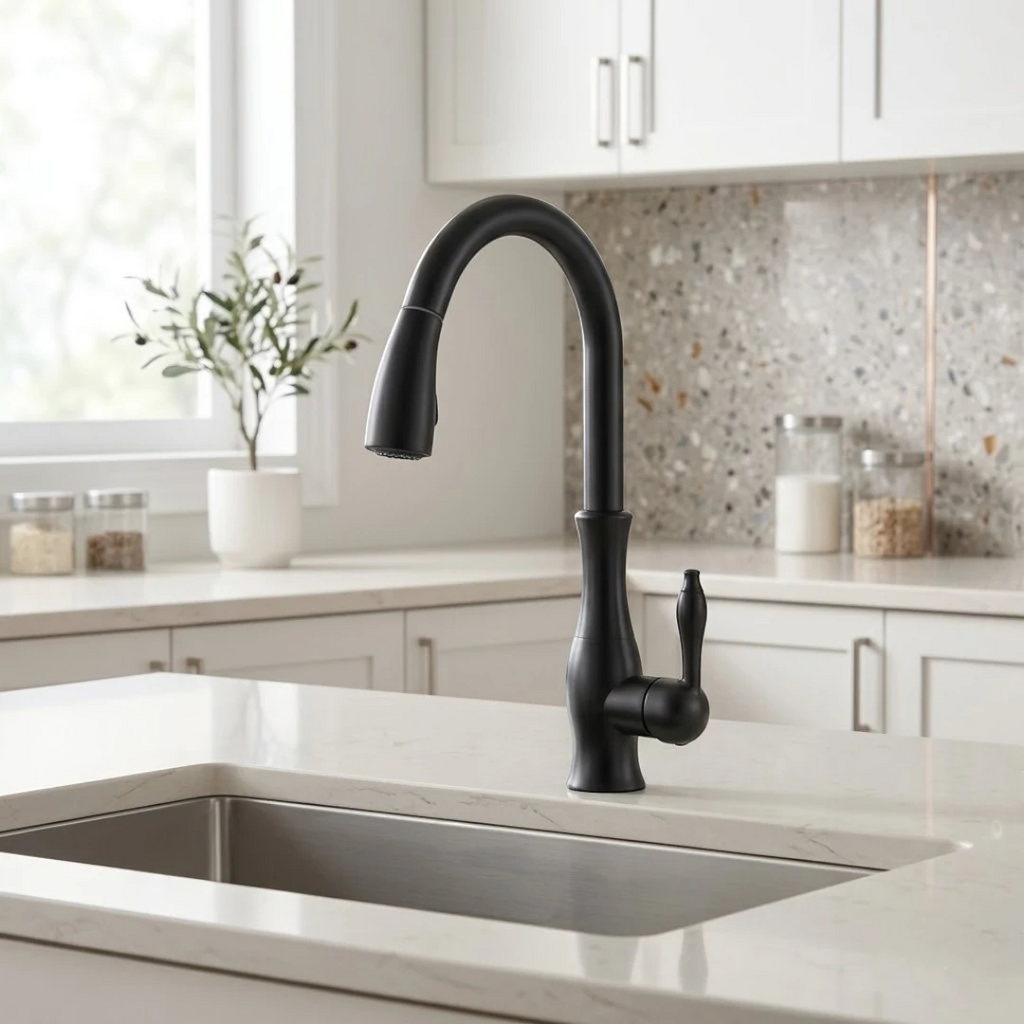 Robinet évier cuisine rétro arrondi flexible douchette - Noir - Laiton