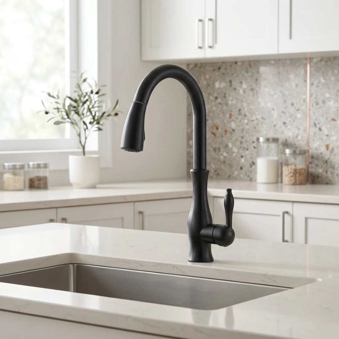 Robinet évier cuisine rétro arrondi flexible douchette - Noir - Laiton