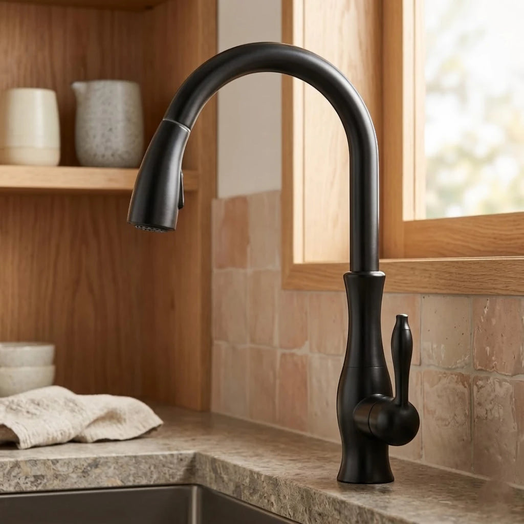 Robinet évier cuisine rétro arrondi flexible douchette - Noir - Laiton