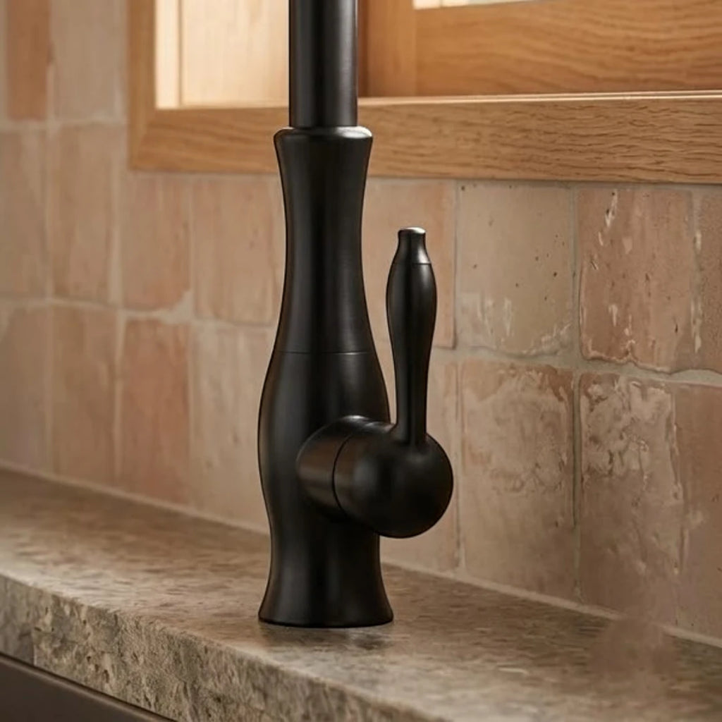 Robinet évier cuisine rétro arrondi flexible douchette - Noir - Laiton