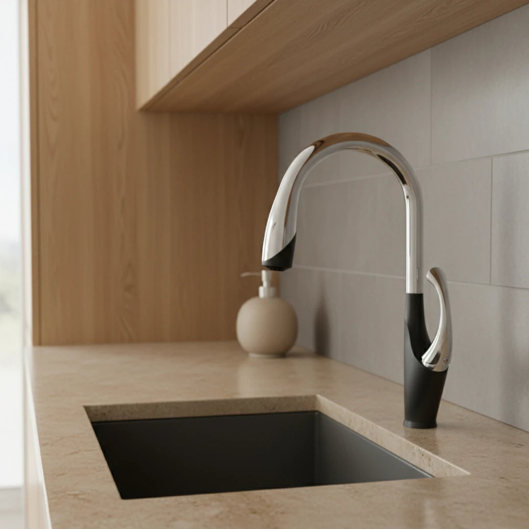 Robinet évier cuisine tactile automatique design flexible douchette - Noir / Argenté - Laiton