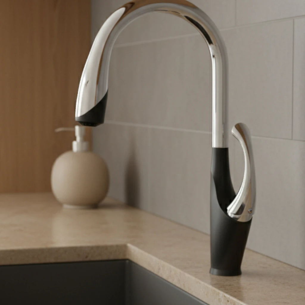 Robinet évier cuisine tactile automatique design flexible douchette - Noir / Argenté - Laiton