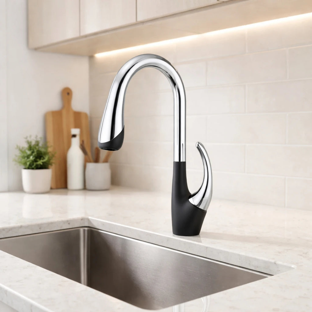 Robinet évier cuisine tactile automatique design flexible douchette - Noir / Argenté - Laiton