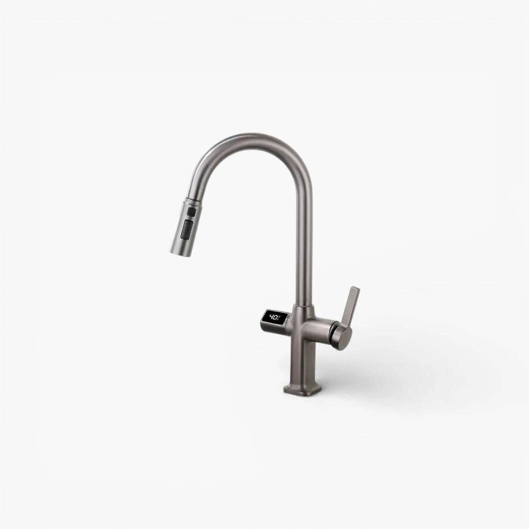 Robinet évier cuisine thermostatique affichage numérique flexible douchette - Argenté - Laiton