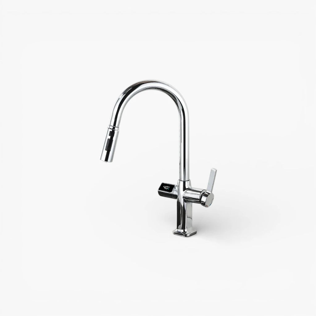 Robinet évier cuisine thermostatique affichage numérique flexible douchette - Argenté - Laiton