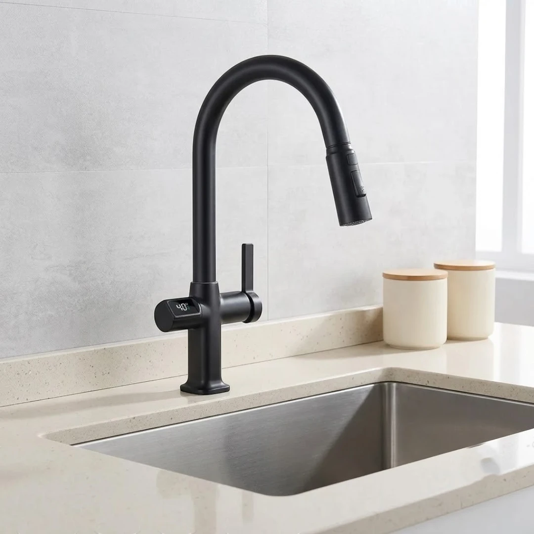 Robinet évier cuisine thermostatique affichage numérique flexible douchette - Noir - Laiton