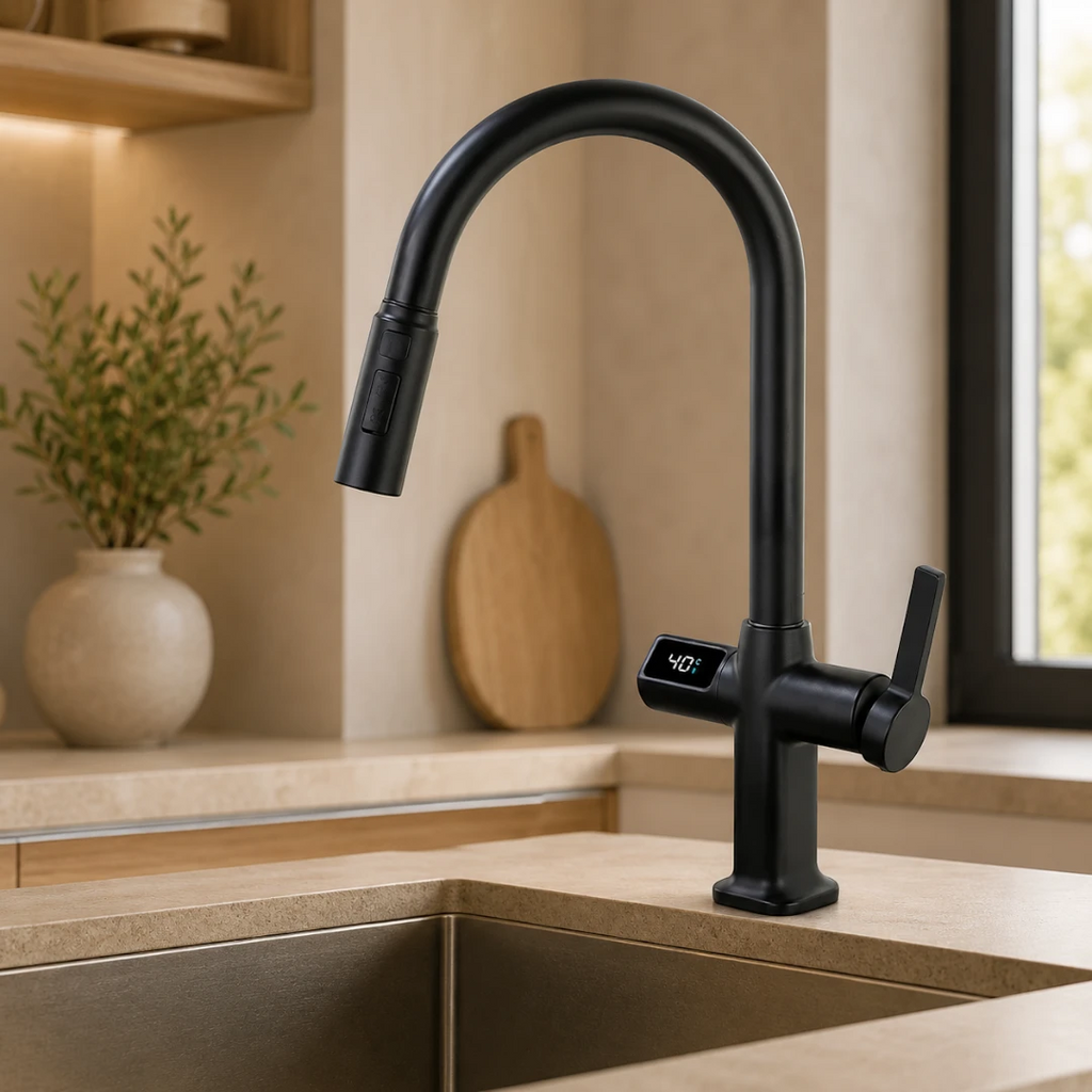 Robinet évier cuisine thermostatique affichage numérique flexible douchette - Noir - Laiton