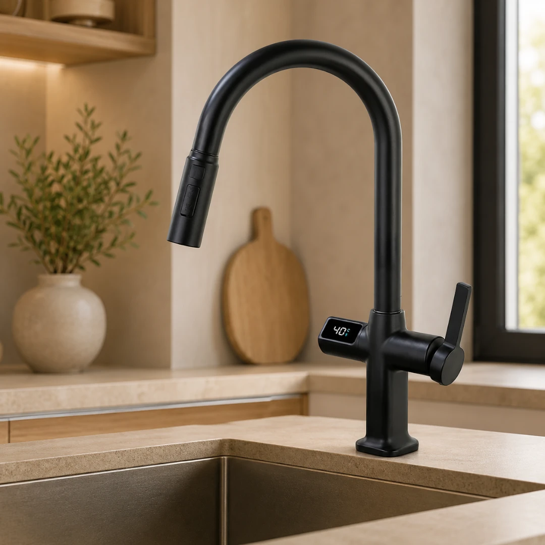 Robinet évier cuisine thermostatique affichage numérique flexible douchette - Noir - Laiton