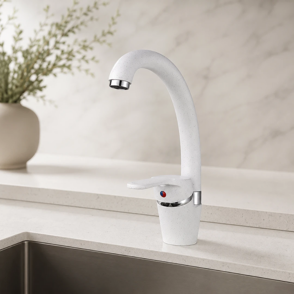 Robinet évier de cuisine arrondi mitigeur tacheté - Blanc - Laiton