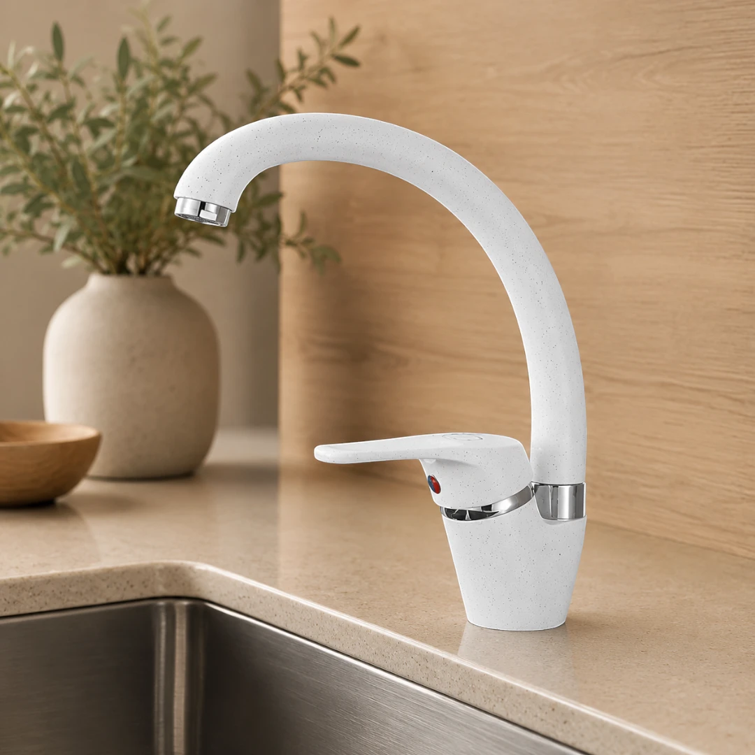 Robinet évier de cuisine arrondi mitigeur tacheté - Blanc - Laiton