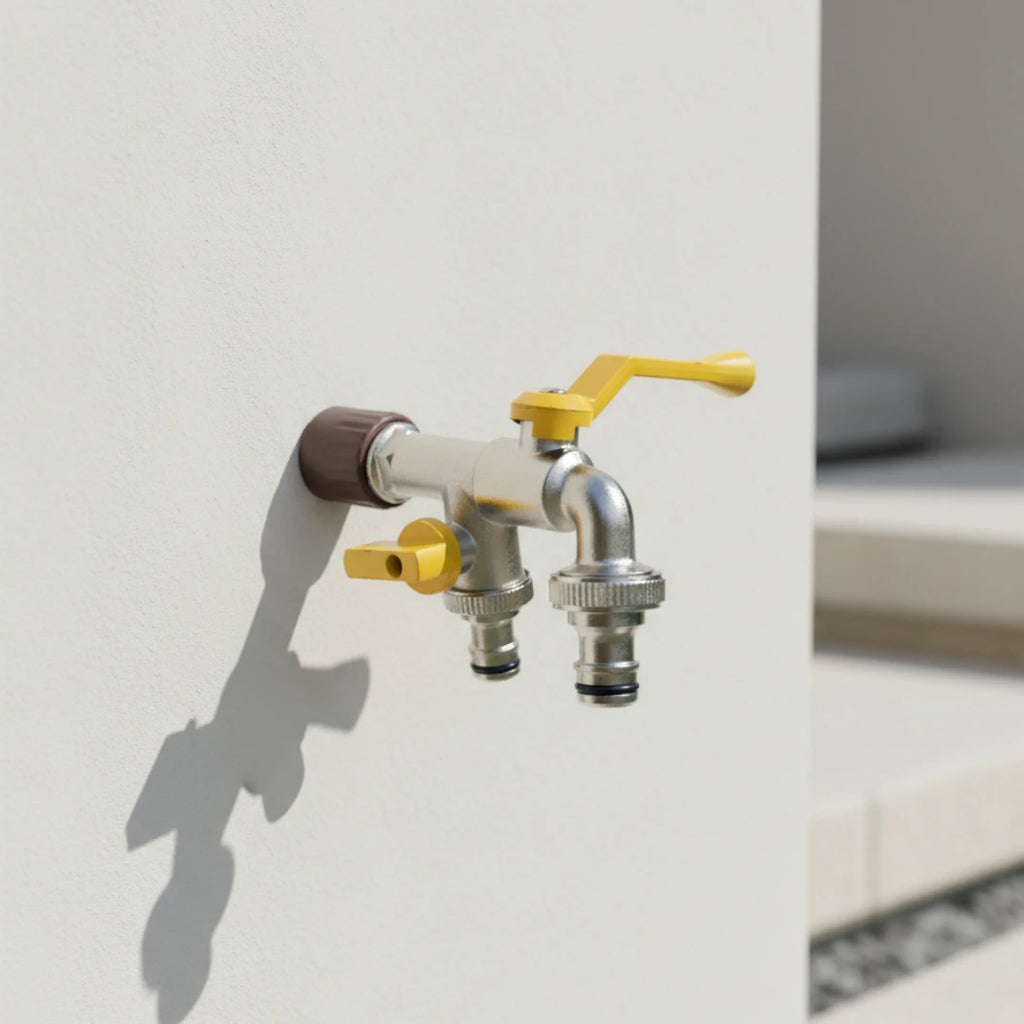 Robinet extérieur de jardin 2 sorties vanne jaune - Argenté - Laiton